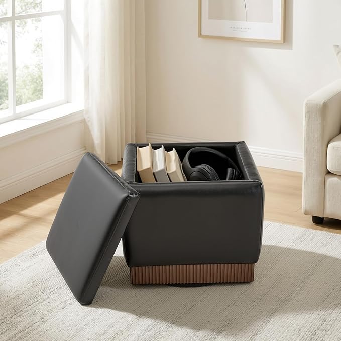 Swivel Storage Ottoman with Hidden Compartment, Square Faux Leather Footstool, Solid Acacia Wood Frame, 500 lbs Capacity, No Assembly Required, for Living Room & Bedroom