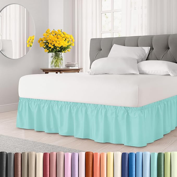 Wrap Around Dust Ruffle Bed Skirt - Spa Blue - for Full Size Beds with 18 Inch Drop - Easy Fit Elastic Strap - Adjustable Pleated Bedskirt w/Brushed Fabric Wrinkle Free - for Women, Men, Kids & Teens