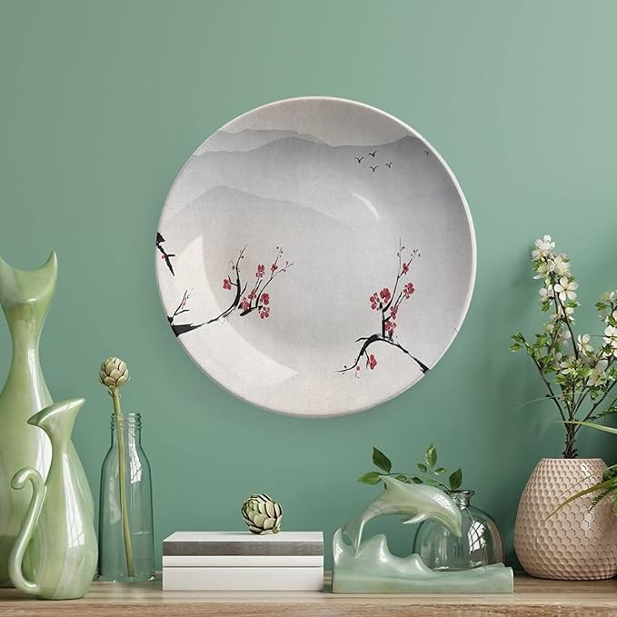 Decorative Plates, Asian Print Ornament, Japanese Nature Landscape National Flower, 8 Inch, Kitchen Wall Decor, Beige Red Black