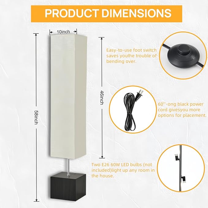 Modern Floor Lamp with Wooden Base, 58-inch Tall, White Shade, Foot Switch, 60W E26 Compatible