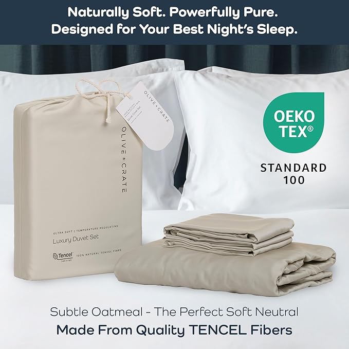 Olive + Crate Tencel Eucalyptus Cooling Duvet Cover Set - Hypoallergenic, Lyocell Tencel Duvet Cover - Soft, Temperature Regulating with Hidden Button Closure & Corner Ties - Oversized King, Beige