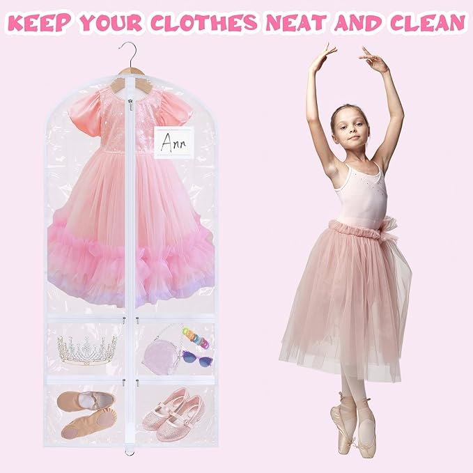14 Pcs Garment Bags for Dance Costumes Clear PVC with Zippers 24 x 50 Inch Suits Bag with Pockets Dance Costume Organizer Carrier for Storage Cover for Adult(Fully Transparent White,Classic)