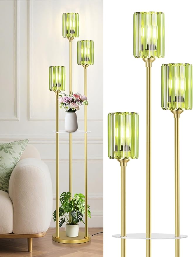 Gold Floor Lamps for Living Room, Modern Floor Lamp with Shelves, Mid Century Crystal Standing Lamps with Table, Brass Tall Lamp with Crystal Shade Vintage Retro Corner Floor Lamp for Bedroom, Green