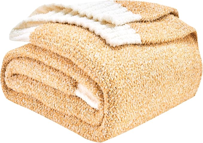 CozeCube Super Soft Fullfy Microfiber Reversible Knitted Blankets, Warm Cozy Fuzzy Plush Throw, Orange and White Melange Throw Blanket for Couch Bed Sofa, 60" x 80"