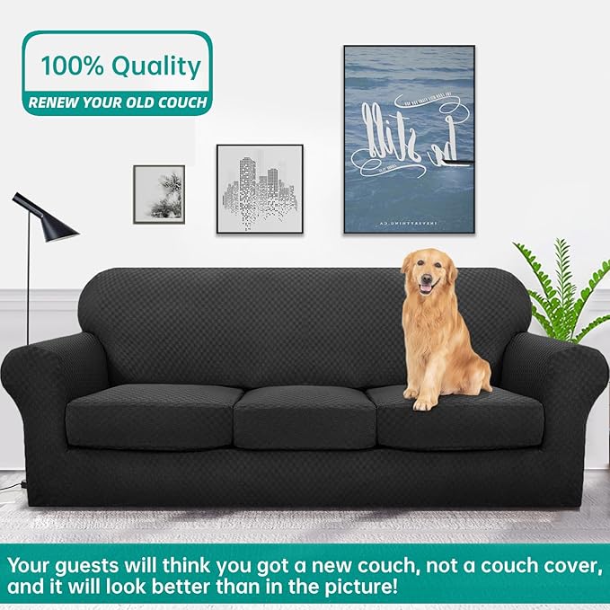 YEMYHOM Latest Checkered 4 Pieces Couch Covers for 3 Cushion Couch Extra Large High Stretch Thickened Sofa Cover for Dogs Pets Furniture Protector Sofa Slipcovers (Black), 91"-110"(3 Cushions)