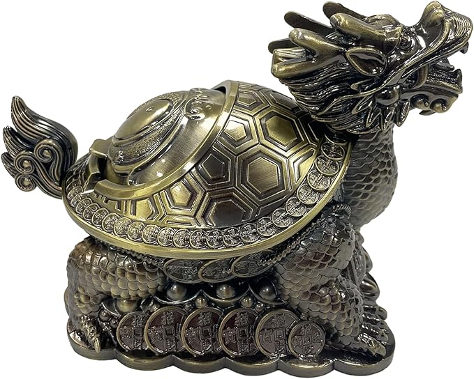 Feng Shui Dragon Turtle Multi Functional Metal Statue Wealth Prosperity Sculpture with Set of 5 Lucky Charm Ancient Coins on Red String Best Housewarming Congratulatory Gift Home Decor (D2 Brass)