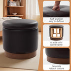 Round Storage Ottoman,Dark Brown Swivel Vanity Stool-Smooth Faux Leather Foot Rest,Footstool Pouf with Sturdy Acacia Wood Frame(500lbs),Hidden Storage Ottoman for Living Room Assembled