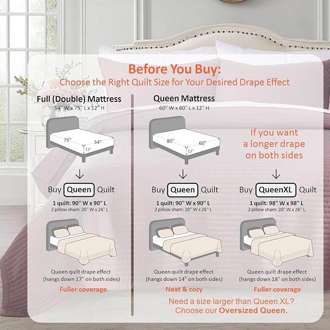 KASENTEX Queen Quilt Set 90"x90" – Soft Washed 3-Layer Lightweight Bedspread, Minimalist Nordic Design, All-Season Spring & Summer Quilt Set (1 Quilt + 2 Pillow Shams),Twilight Mauve Purple