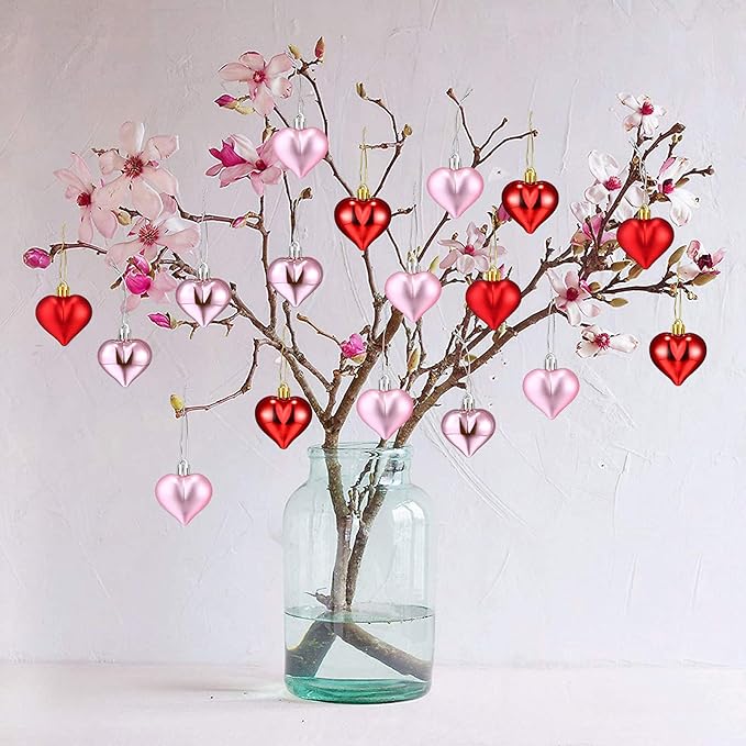 24 Pieces Heart Shaped Ornaments Valentine's Day Heart Ornaments for Valentine's Day, Hearts Baubles Decorations for Valentines Wedding Anniversary Home Party Decor(Red, Pink)