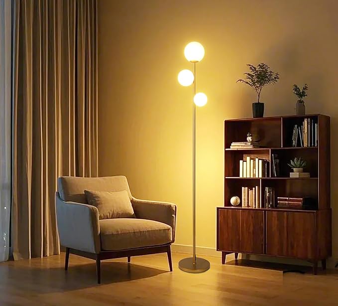 Fiqevs 3 Globe Mid Century Modern Floor Lamp for Living Room, Gold Floor Lamp with Frosted Glass Shade and LED Bulbs, Warm Light Standing Tall Pole Lamp for Bedrooms, Office - Antique Brass