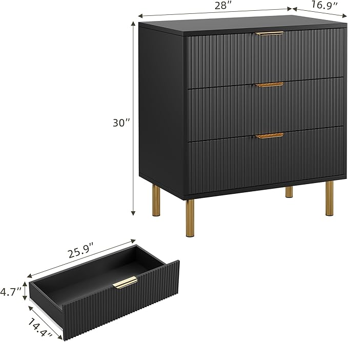GarveeHome Black Dresser, Modern 3 Drawer Dresser for Bedroom with Gold Handle and Large Drawer, Wood Double Chest of Drawers and Storage Organizer for Living Room, Hallway, Entryway