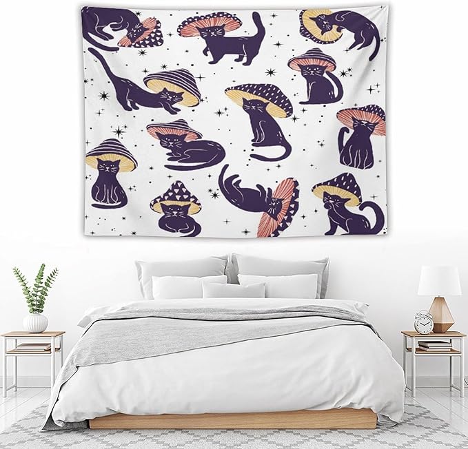 VUMIVI Funny Cat Mushroom Tapestry Retro 70s Hippie Style Cute Black Kitten Star Aesthetic Art Print Tapestry Wall Hanging for Living Room Bedroom Dorm Classroom Aesthetic Decor W80xL60in