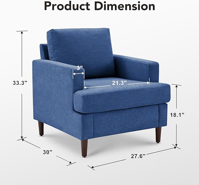 Mid-Century Accent Chair,Modern Linen Fabric Armchair for Living Room,Comfy Upholstered Reading Accent Chairs for Bedroom,Single Sofa Chair with Wood Legs (Blue, 1 Pack)