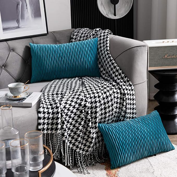 Turquoise Throw Pillow Cases 12x20: 2 Pack 12x20 Inch Original Striped Velvet Rectangular Decorative Pillow Covers for Farmhouse Couch