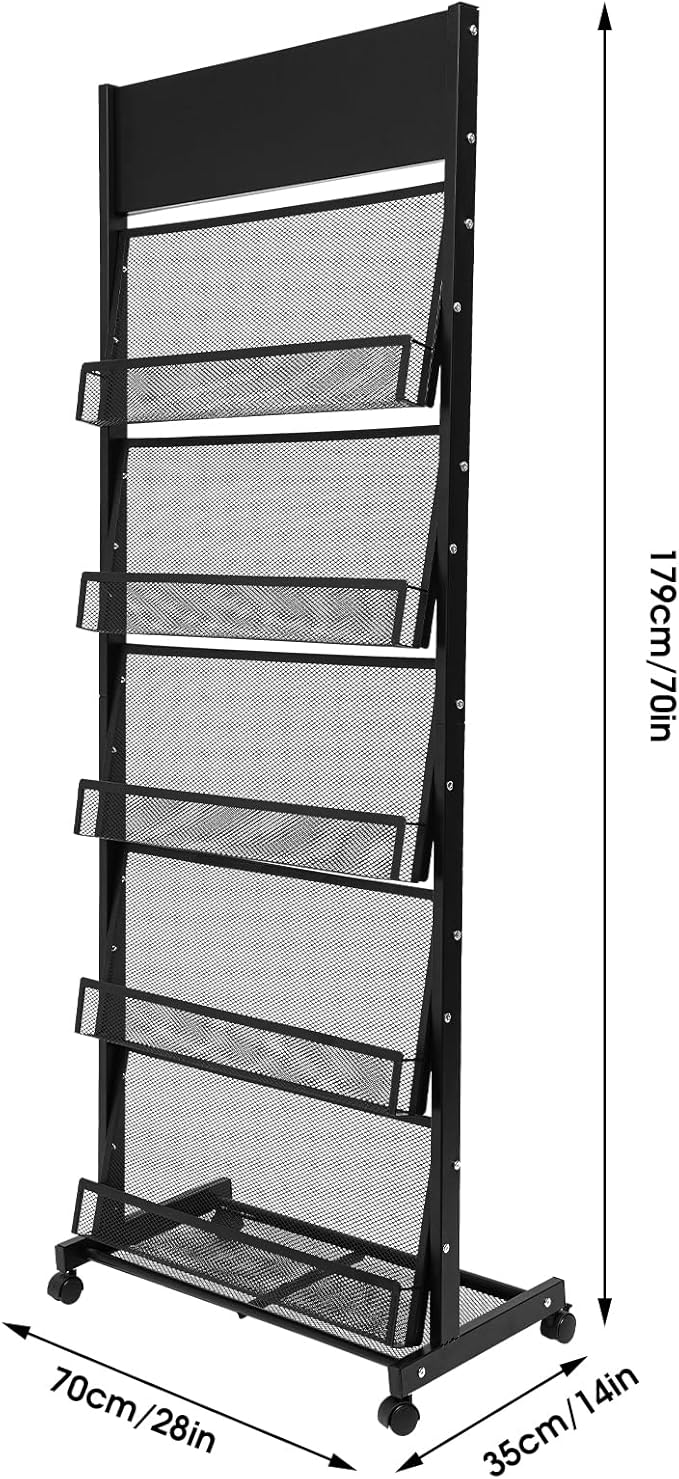 Floor-Standing Magazine Rack, 5-layer Brochure Holder Display Stand with Wheels, High-hardness Metal Literature Rack for Office, Exhibitions, and Any Organization Requiring Information Display