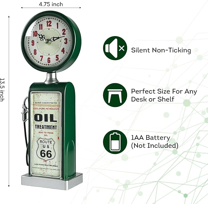 Lily's Home Old Fashioned Route 66 Gas Pump Mantle Clock, Silent-Non-Ticking with Quartz Movement, Makes an Ideal Gift for Antique Sign Collectors, Green (13 1/2" x 4 3/4")