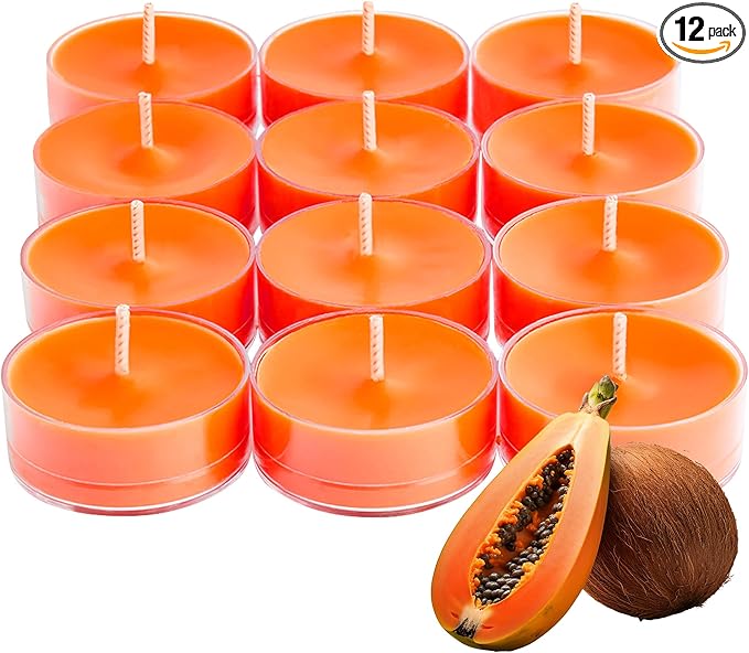 PartyLite Set of 12 Tea Lights Candles, Shredded Coconut & Papaya Scent, Aromatherapy Scented Candles Gift Set, Up to 4 to 6 Hours Burn Time
