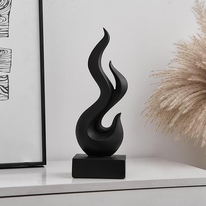 Modern Abstract Art Table Decoration, Gold Decor Flame Statue for Living Room Home, Black Shelf Decor Accents, Abstract Art Resin Sculpture for Dining Room, Office & Coffee Table Centerpiece (Black)