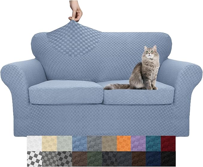 YEMYHOM Latest Checkered 3 Pieces Couch Covers for 2 Cushion Couch High Stretch Thickened Love Seat Sofa Cover for Dogs Pets Elastic Loveseat Slipcover Protector (Light Blue), 55"-69"(2 Cushions)
