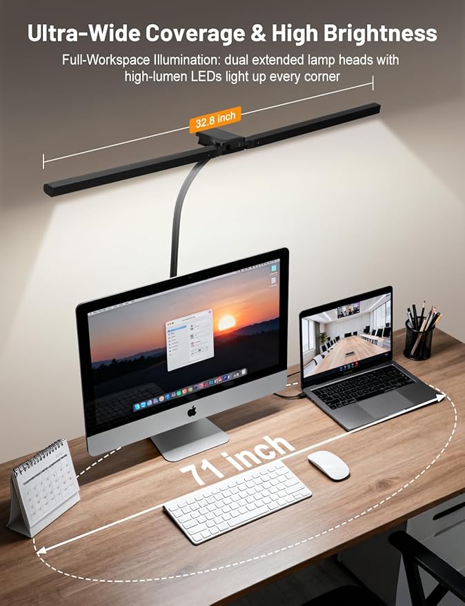 32.8'' Wide Desk Lamp with Clamp for Home Office, Eye-Caring LED Desk Lamp, Dimmable Table Clip Lamp for Dual Screen Computer Monitor, Adjustable Color Lighting Mode Computer Monitor Light