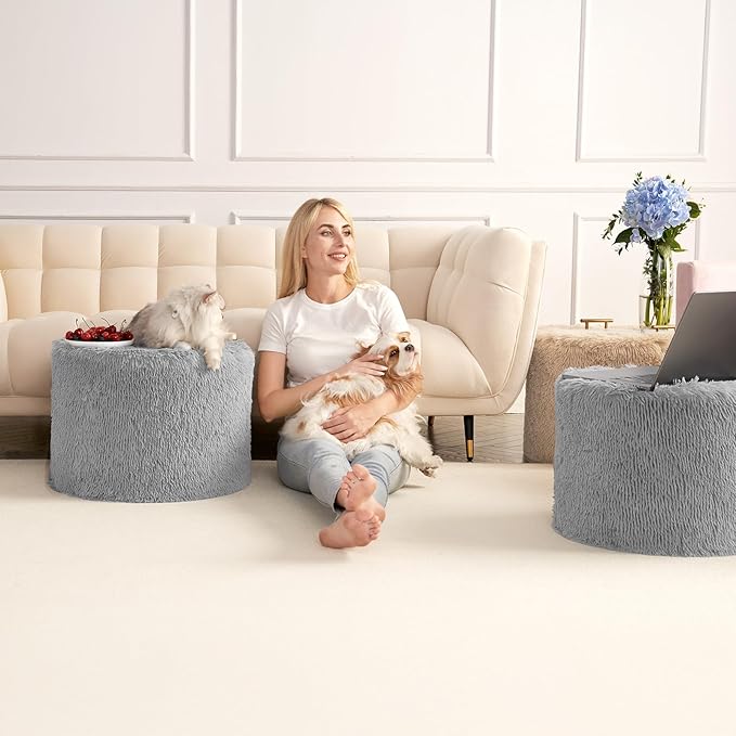 Hansleep Round Pouf Ottoman Foot Rest, 20 x 15 Small Faux Fur Stuffed Pouf for Chair, Foam Filled Foot Stools Ottomans for Living Room, Grey