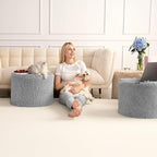 Hansleep Round Pouf Ottoman Foot Rest, 20 x 15 Small Faux Fur Stuffed Pouf for Chair, Foam Filled Foot Stools Ottomans for Living Room, Grey
