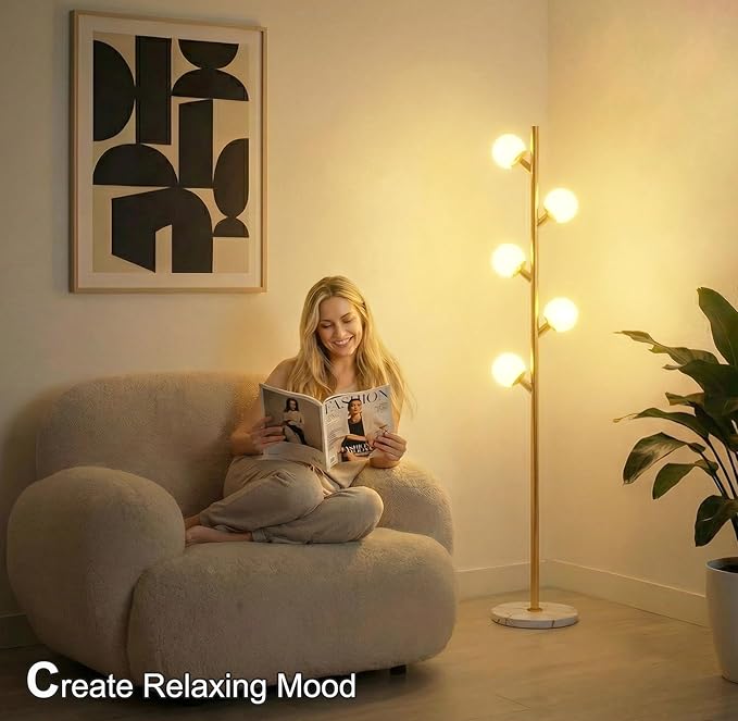 Fiqevs 5 Globe Floor Lamp for Living Room, Mid Century Modern Standing Lamp with Orb Frosted Glass Shade and 5 LED Bulbs, Elegant Tree Tall Lamp for Bedroom Office - Antique Brass/Gold