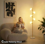 Fiqevs 5 Globe Floor Lamp for Living Room, Mid Century Modern Standing Lamp with Orb Frosted Glass Shade and 5 LED Bulbs, Elegant Tree Tall Lamp for Bedroom Office - Antique Brass/Gold