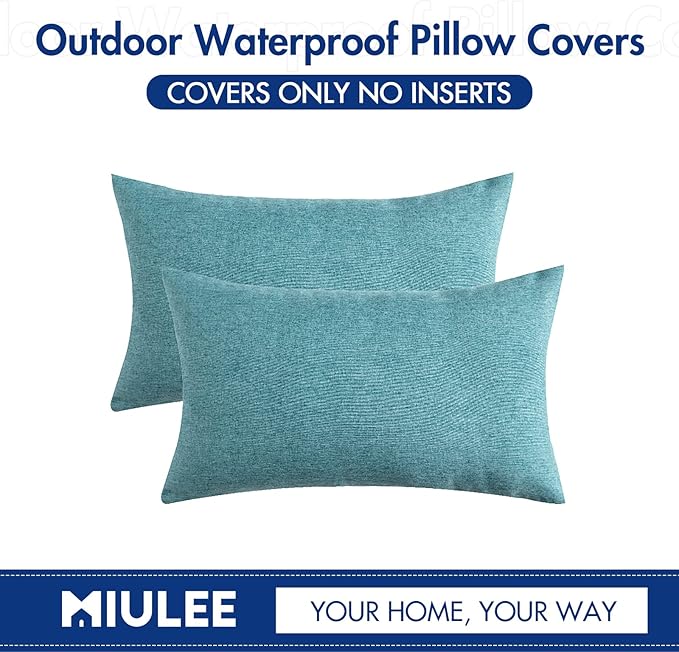 MIULEE Pack of 2 Decorative Outdoor Solid Waterproof Throw Pillow Covers Faux Linen Garden Farmhouse Coastal Cushion Cases for Summer Patio Tent Balcony Couch Sofa 20x12 Inch Turquoise