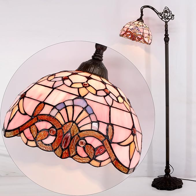 WERFACTORY Tiffany Floor Lamp Pink Baroque Stained Glass Arched Lamp 12X18X64 Inches Gooseneck Adjustable Corner Standing Reading Light Decor Bedroom Living Room S003P Series