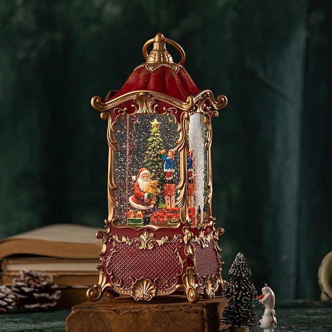 Christmas Snow Globe Lantern with Santa Claus – Vintage 8 Songs Musical Box, Automatic Snowfall, Led Light, USB or Battery Powered,for Christmas Festival Home Fall Decoration Gifts, Red