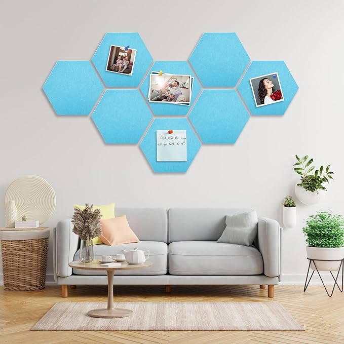 8 Packs Lake Blue Hexagon Felt Pin Board, 12" Bulletin Board with 30 Push Pins, Felt Board for Home Kitchen Office Decor, Self-Adhesive Corkboard Tiles for Walls School Message Photos Memos