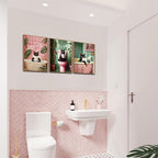 CHDITB Bathroom Black Cat Framed Canvas Wall Art Set, Funny Bathroom Wall Decor, Pink Green Toilet Artwork Black Cat Toilet Wall Painting, Tropical Art Prints Modern Home Decor - Large Size 16"x24"x3