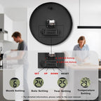 AKCISOT Wall Clock 12 Inch, Non-Ticking Silent Battery Operated Analog with LCD Display for Perpetual Calendar and Temperature, Ideal Modern Decor for Home, Bedroom, Kitchen, Office (Black)
