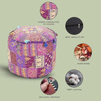 Aakriti Gallery Indian Pouf Footstool Ethnic Embroidered Pouf Cover, Indian Cotton Round Pouffe Ottoman Pouf Cover Pillow Ethnic Decor Art - Cover Only (Purple, 22x14)