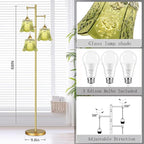 Gold Floor Lamp for Living Room,Bedroom,Tree 3 Light Standing Lamp Mid Century Modern Brass Tall Floor Lamps Vintage Retro Floor Lights Glass Green Flower Lamp Shade Farmhouse Boho Bohemian