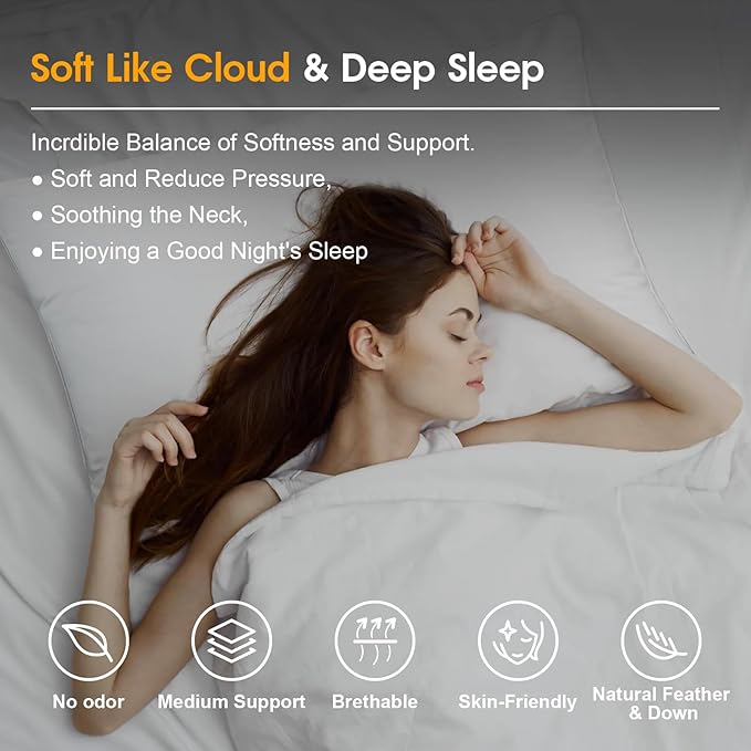 Ivellow White Goose Feather Pillows Queen Size Set of 2 Hotel Down Bed Pillows for Sleeping Soft 600TC 100% Cotton Cover Medium Firm Cloud Soft Breathable Fluffy Pillow for Back Side Stomach Sleepers