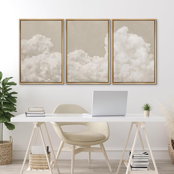 MUDECOR Framed Wall Art Print Set Serene Sky Filled with Fluffy Clouds Illustrations Modern Art Decorative Colorful Chic for Living Room, Bedroom, Office - 24"x36"x3 Natural