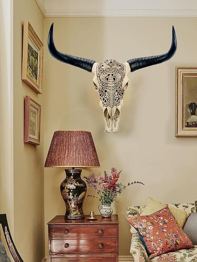 Long Horn Cow Skull, Cow Skull Wall Hanging Decor,Wall Hanging Boho Style Faux Longhorn Skull Faux Taxidermy Animal Head, Handmade Decor Home Sculpture Faux Bull Horns for Wall 27″*26″*10″ (Black)