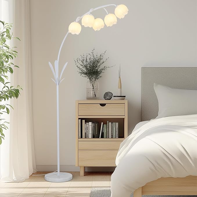 HMVPL White Floral Floor Lamp, Cute Flower Standing Lamp for Bedroom, Modern Tall Lamp with 5 G9 LED Bulbs, Foot Switch, Acrylic Shade, Curved Floor Lamp for Living Room Corner Bedside Kids Home Decor