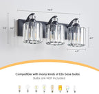 3-Light Black Bathroom Light Fixture Modern Vanity Lights Over Mirror Vintage Wall Sconce Lighting for Bathroom, Bedroom, Living Room, Hallway E26 Base with Crystal Bathroom Vanity Light