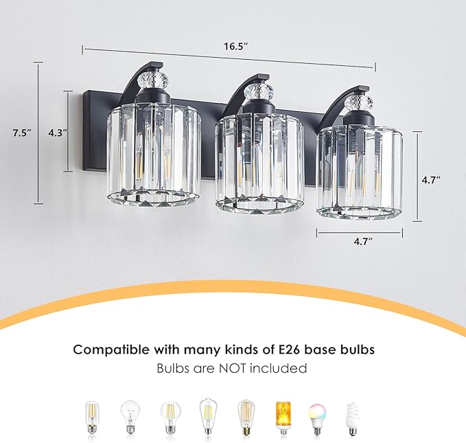 3-Light Black Bathroom Light Fixture Modern Vanity Lights Over Mirror Vintage Wall Sconce Lighting for Bathroom, Bedroom, Living Room, Hallway E26 Base with Crystal Bathroom Vanity Light