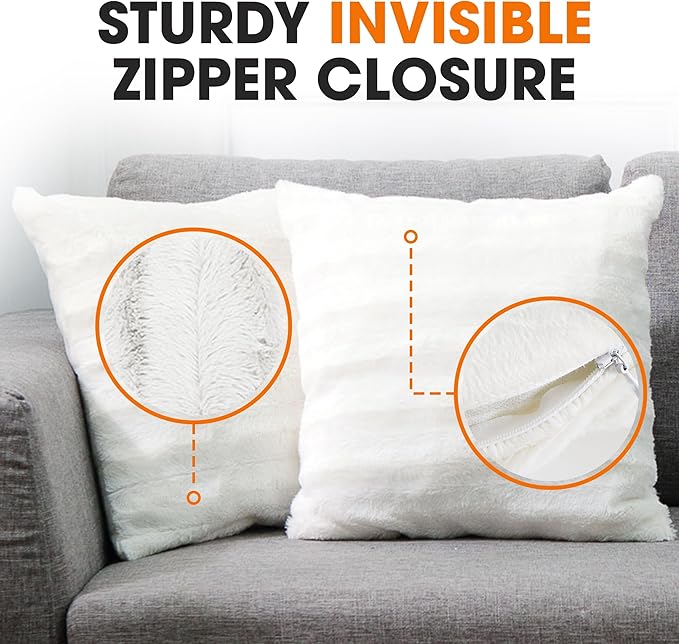 Cheer Collection Faux Fur Throw Pillows - Decorative Pillows for Couch, Bed Throw Pillows, White Accent Pillows for Bedroom or Living Room Aesthetic, Set of 2 Furry Throw Pillows, 26" x 26"