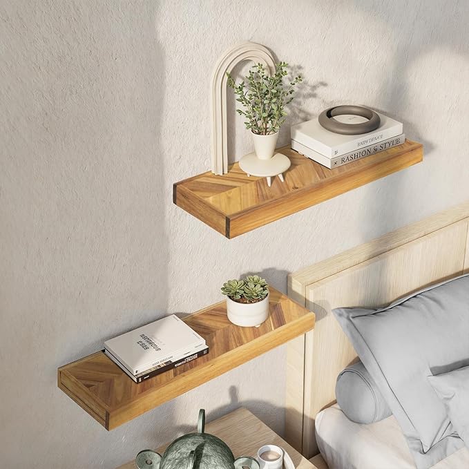 36" Acacia Chevron Floating Shelves Set of 2 - Wall Mounted Wooden Shelf for Stylish Home Décor - Natural Color - 36x6.7x1.5 Inches