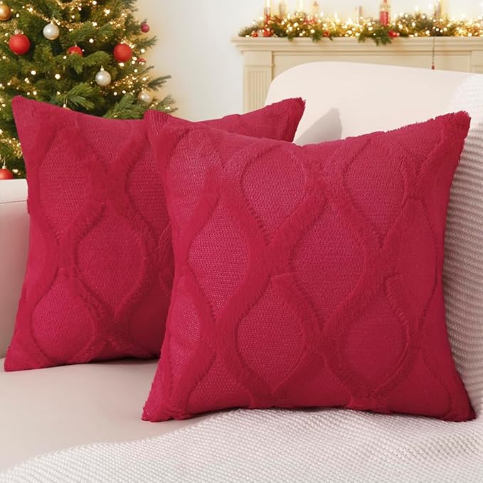 decorUhome Spring Throw Pillow Covers 20x20 Inch Set of 2, Soft Plush Faux Fur Wool Red Couch Pillow Covers, Decorative Neutral Pillow Cases for Bed Sofa Living Room Home Decor
