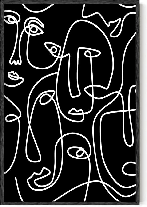 Y2K BOO Abstract Face Pattern UNFRAMED Wall Art Black Background White Continuous Line Drawing 24x36 Inch Heavyweight Paper Studio Home Decor Print
