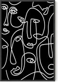 Abstract Face Pattern Wall Art Black Background White Continuous Line Drawing 24x36 Inch Oak Wood Black Framed Modern Diverse Portrait for Living Room Decor