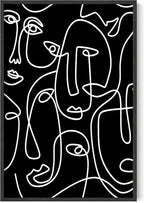 Abstract Face Pattern Wall Art Black Background White Continuous Line Drawing 24x36 Inch Oak Wood Black Framed Modern Diverse Portrait for Living Room Decor