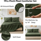 CozyLux Queen Comforter Set Olive Green, 7 Pieces Pintuck Bed in A Bag, Premium Green Comforter Queen Size, Pinch Pleat Bedding Sets with Comforter, Sheets, Pillowcases & Shams