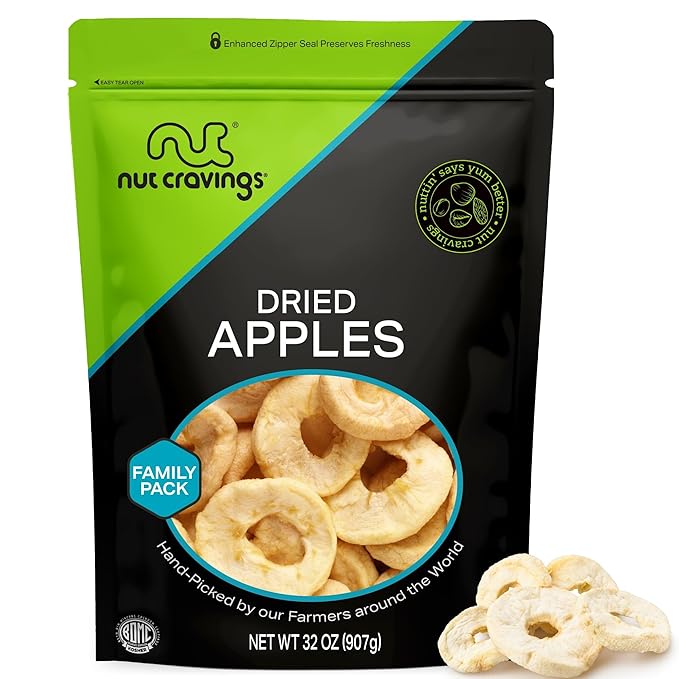 NUT CRAVINGS - Dried Apple Rings Slices, No Sugar Added - Chewy Soft Texture (32oz, 2 LB) Tu Bishvat Favorite - Sweet Healthy Snack, Vegan, Kosher, Resealable Bag